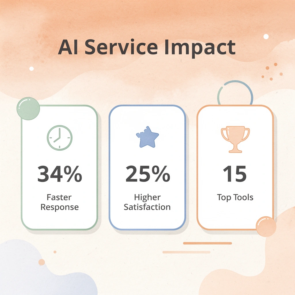 Statistics showing AI customer service benefits: 34% faster response times, 25% higher satisfaction, and 15 top tools