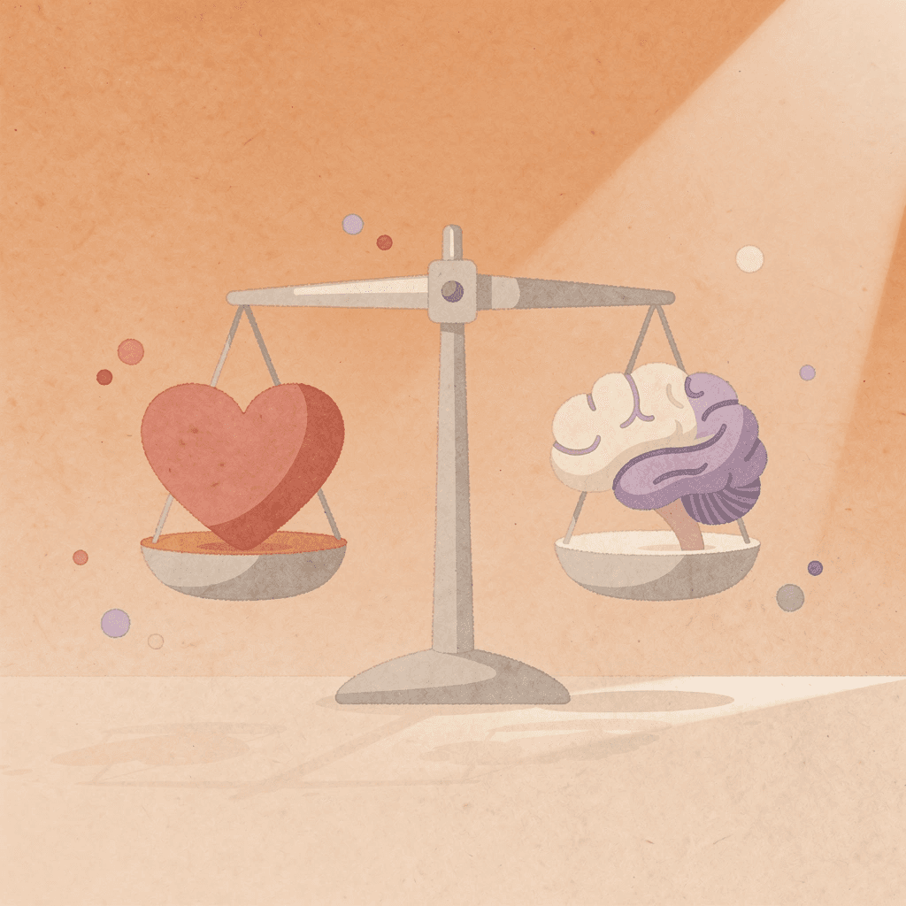 Balance scale icon showing emotional support versus data precision
