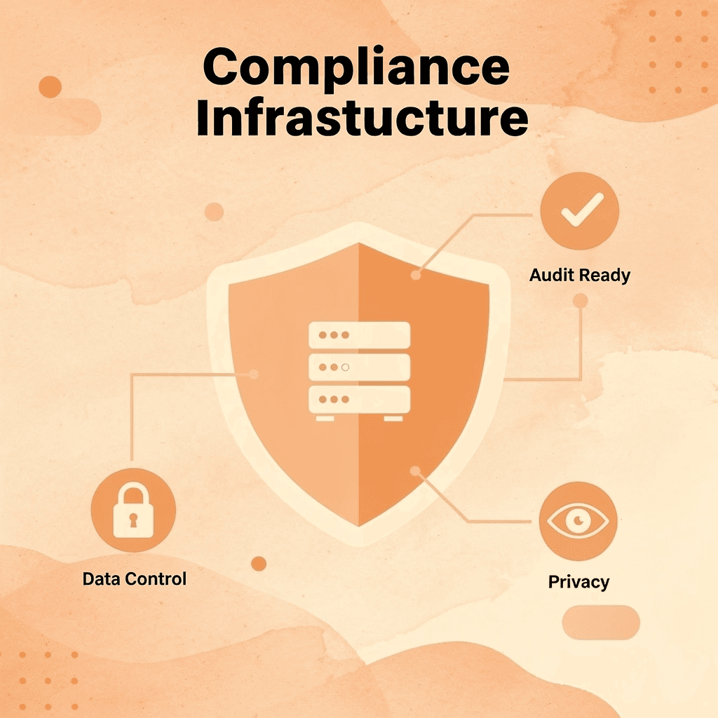 Shield badge showing compliance infrastructure features