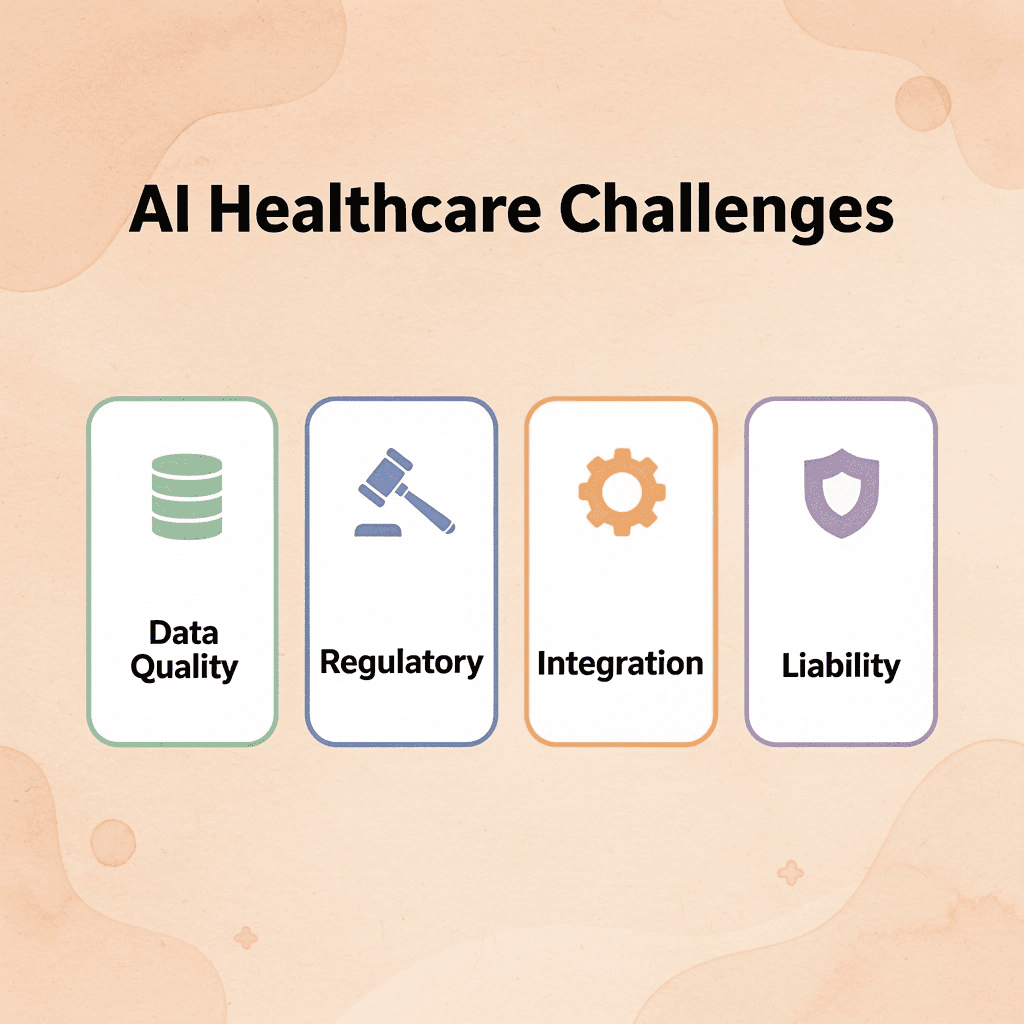 Four cards showing AI healthcare implementation challenges