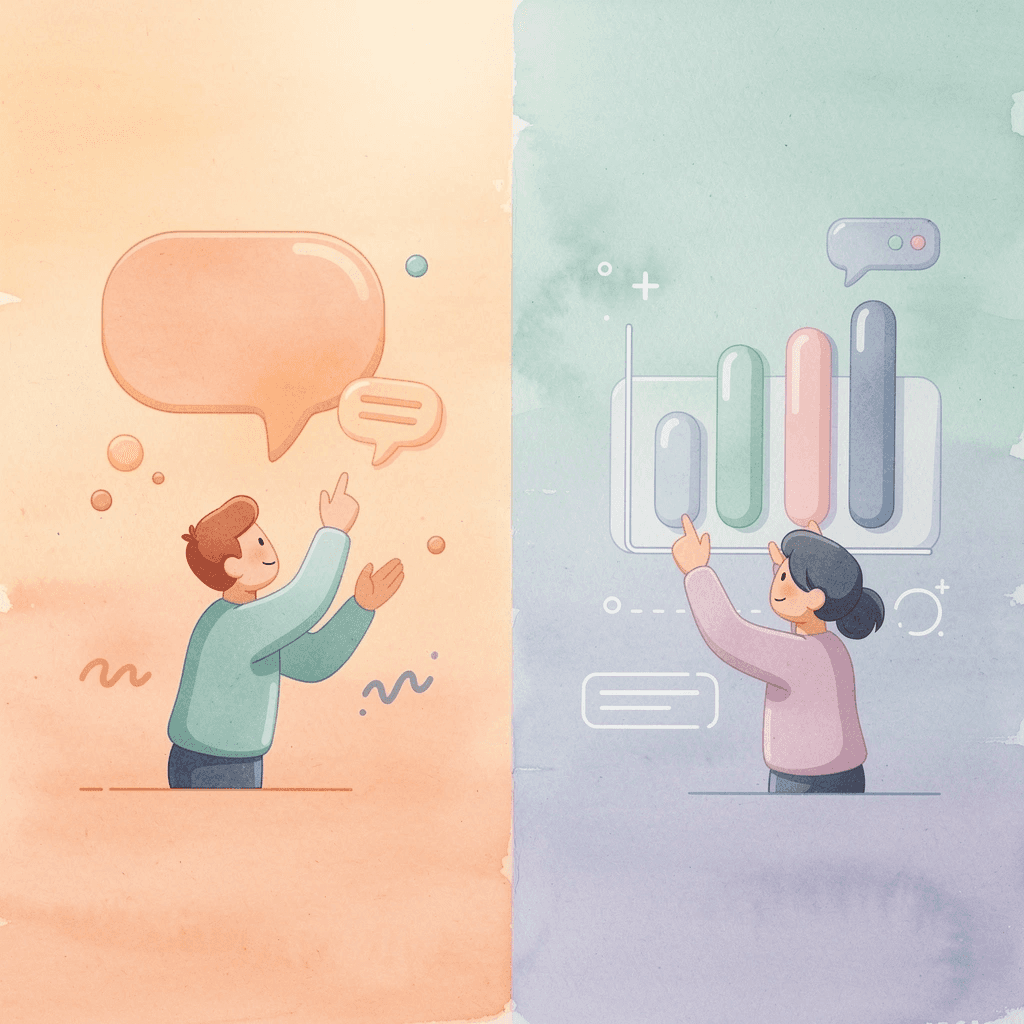 Split scene illustration showing structured automation versus AI-powered assistance