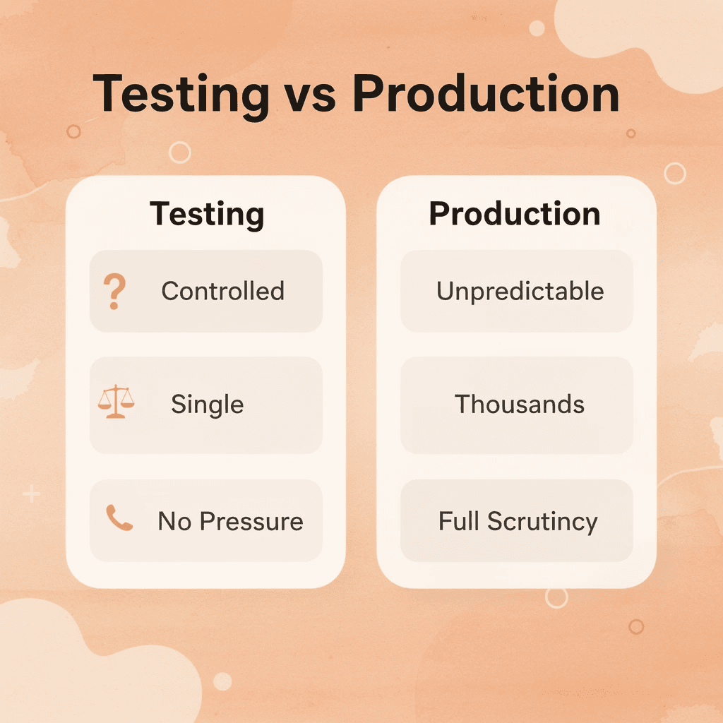 Comparison table showing testing environment versus production reality