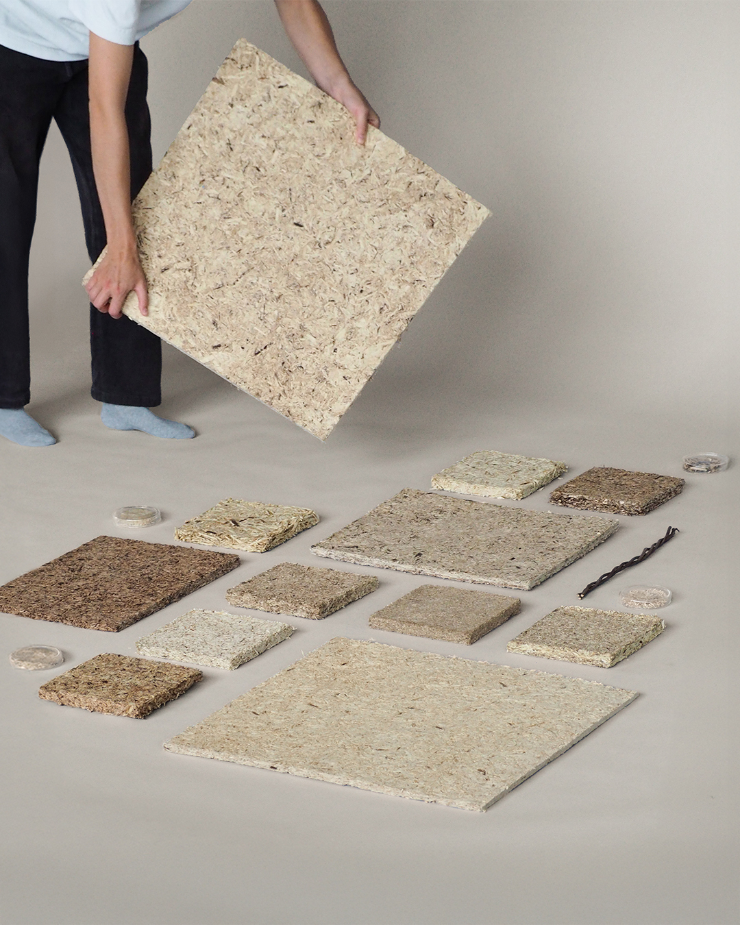 Sustainable building materials made from upcycled natural fibers, promoting circular construction and zero waste.