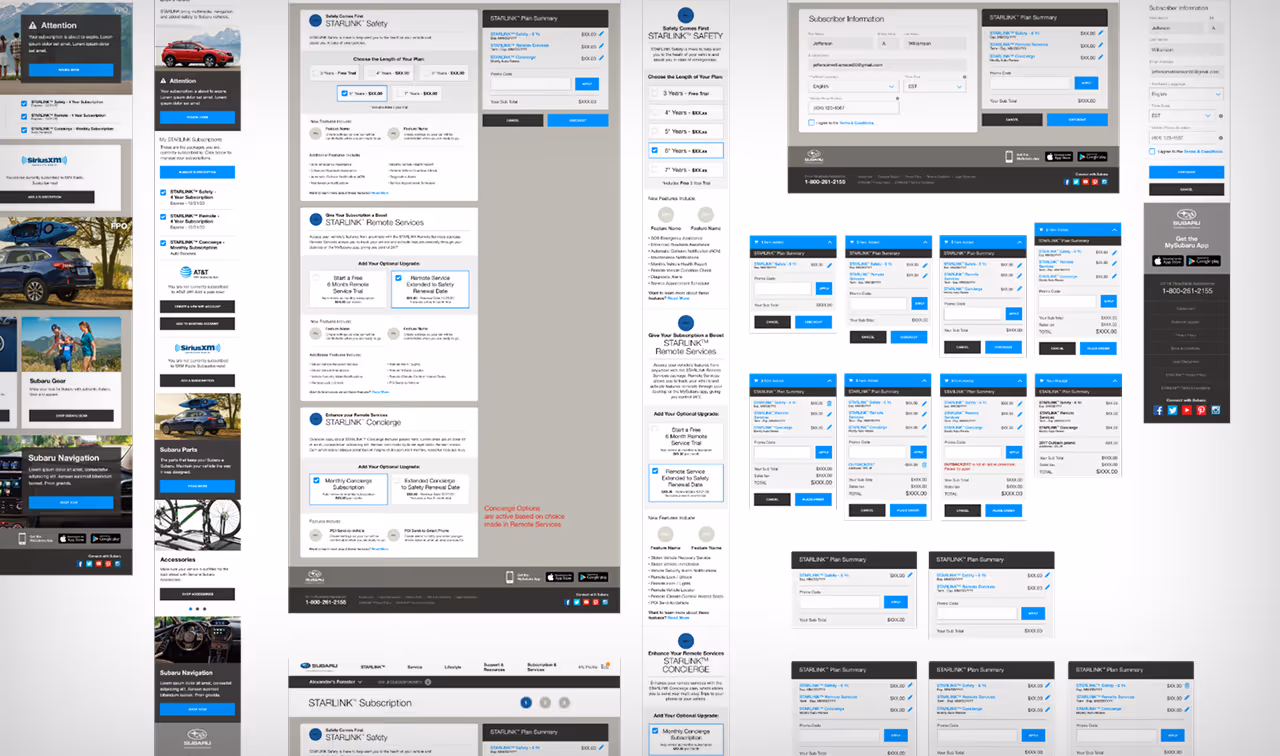 Collage of website UI design screens including subscription plans, safety features, remote services, and vehicle accessories for STARLINK and Subaru.