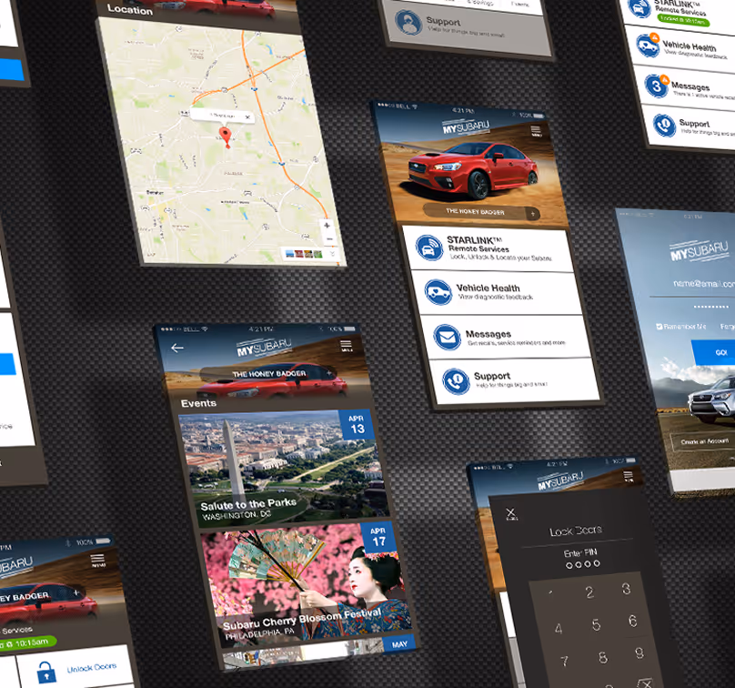 Multiple smartphone screens showing the MySubaru app interface including location map, vehicle status, events listings, remote services, and lock screen keypad.