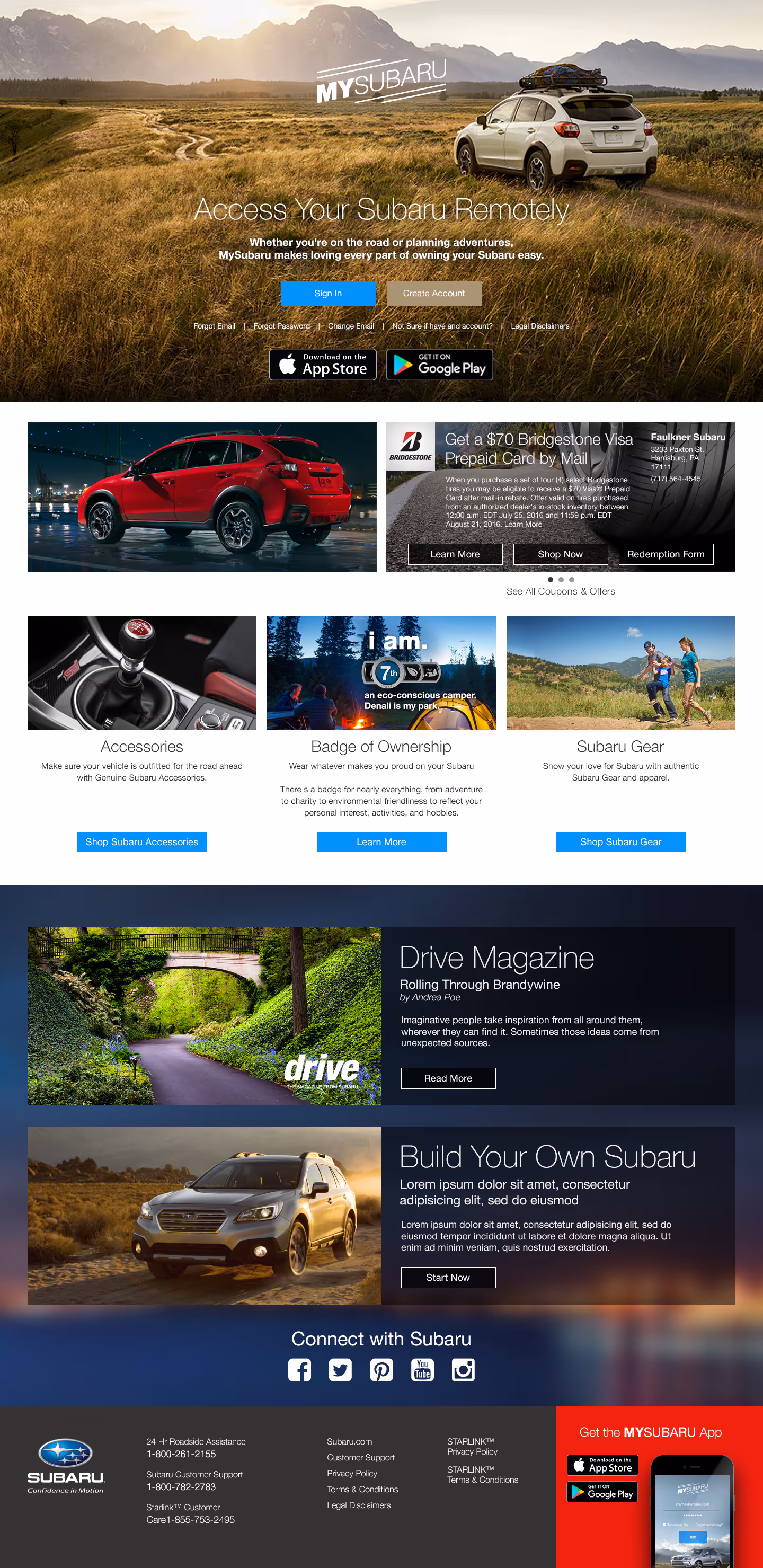 Subaru owner portal redesigned login screen displayed at large desktop viewport showing updated visual design and authentication flow.