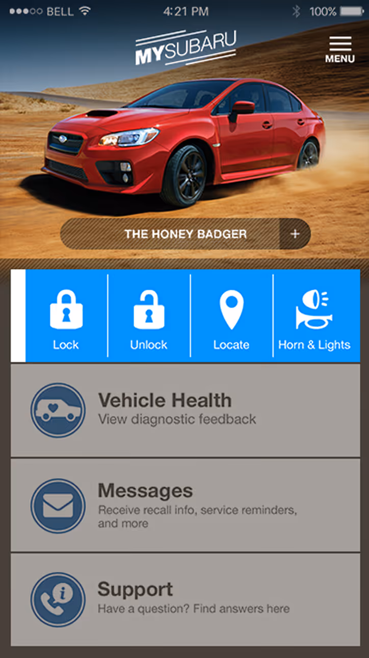 Red Subaru sedan driving on dirt road under the MY SUBARU app interface showing options to lock, unlock, locate, and control horn & lights, with sections for vehicle health, messages, and support.