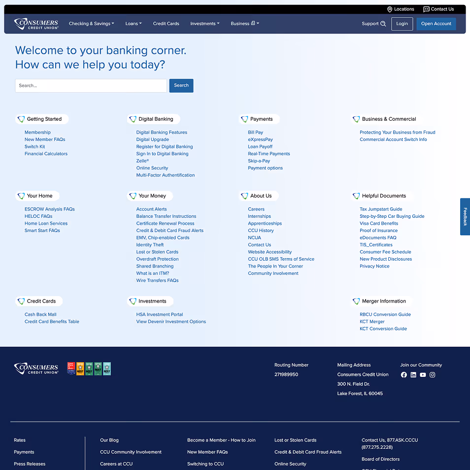 Consumers Credit Union webpage showing navigation menu, search bar, and categorized financial service links including Getting Started, Digital Banking, Payments, Business & Commercial, Your Home, Your Money, About Us, Helpful Documents, Credit Cards, Investments, and Merger Information.