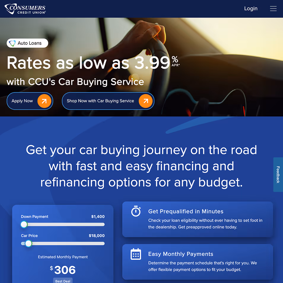 Screenshot collage titled 'Component Evaluations' showing website headers of various credit unions in three groups: Competitive Landscape (CCU selections), Other Credit Unions, and Banks and more, with a CCU app dashboard interface at the bottom displaying account balances and recent transactions.