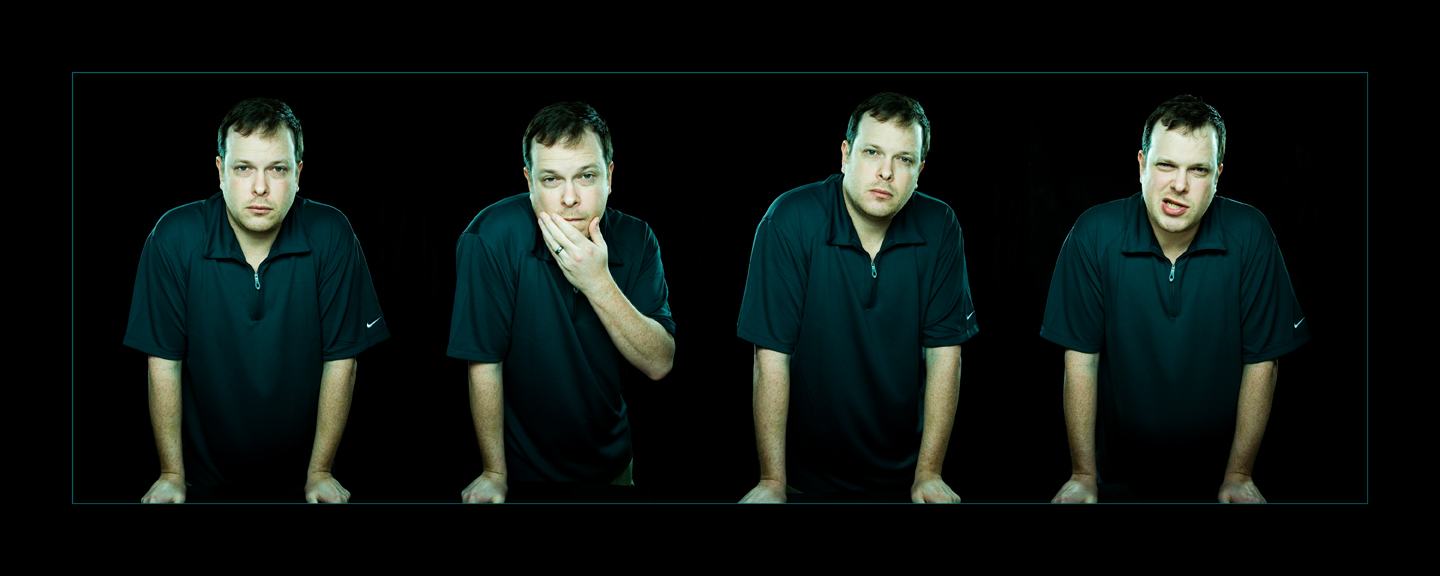 Me, Scott Clark, showing four different facial expressions while leaning forward with hands on a surface against a black background.