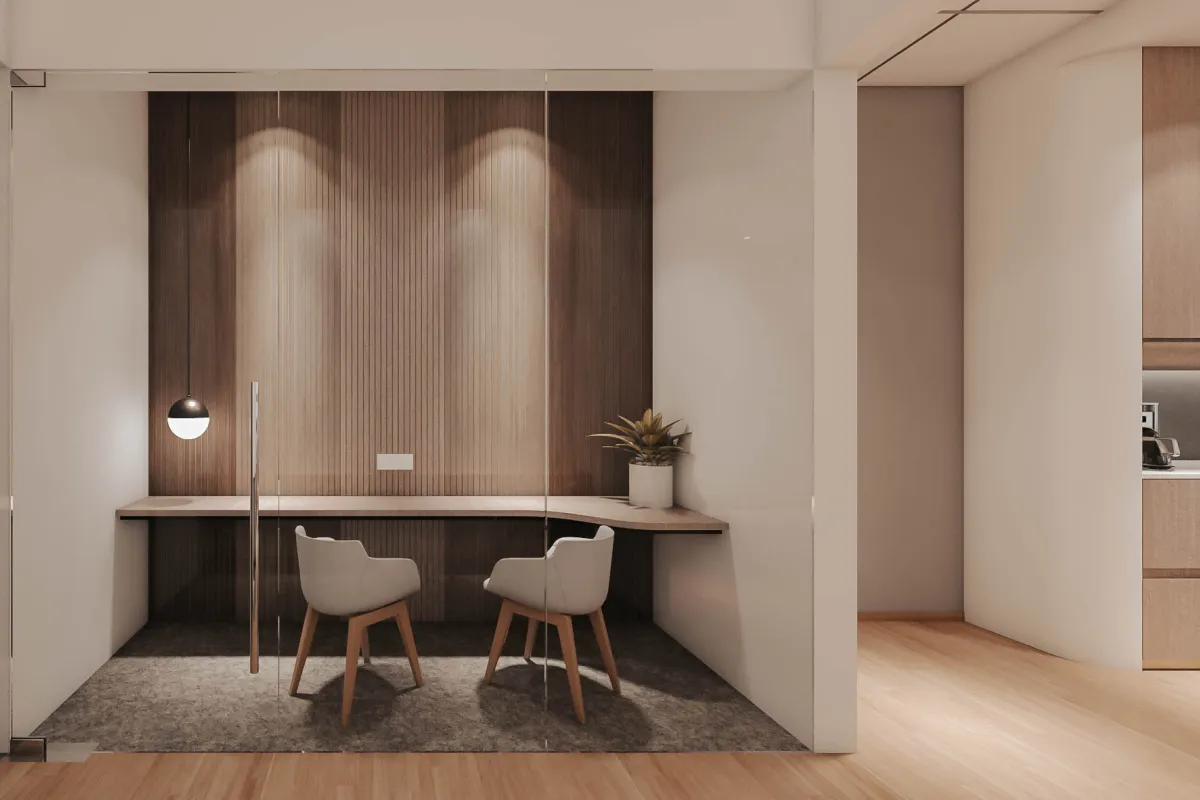 Inclusive office design with specialized wellness rooms and open collaboration areas