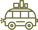 Simple green icon of a car with luggage on its roof.