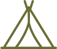 Simplified green line illustration of a tent or teepee structure.