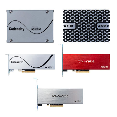 Collection of NETINT hardware products including Codensity and Quadra VPU cards in silver, red, and patterned designs, showing various PCIe video processing units.