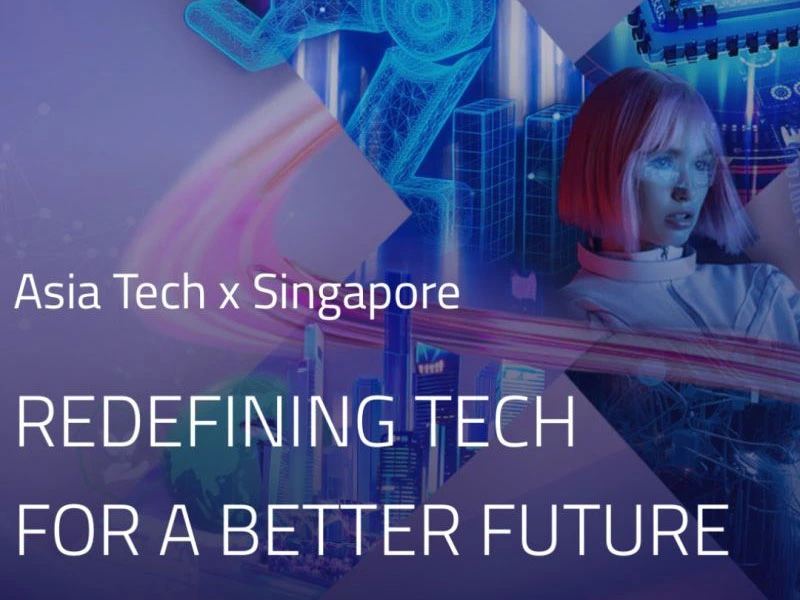 Promotional visual for Asia Tech x Singapore with the tagline 'Redefining Tech for a Better Future.' The futuristic design includes a digital female figure, holographic buildings, and glowing tech interfaces in shades of blue, purple, and red.