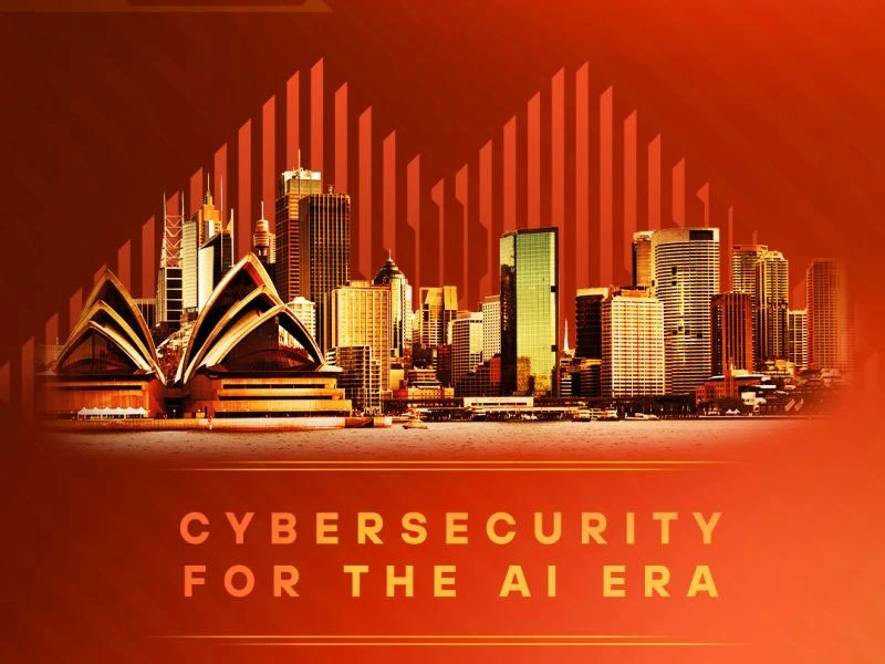 Promotional graphic for a Palo Alto Networks event with the theme 'Cybersecurity for the AI Era.' The image features a stylized golden-orange skyline of Sydney, including the Sydney Opera House, with abstract vertical data bars integrated into the image.