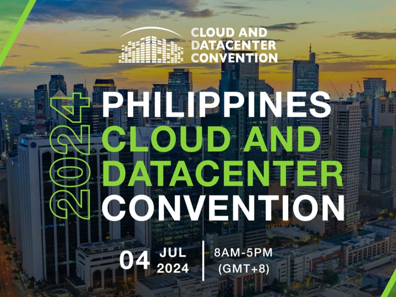 The image features the event title in bold white and green text over a backdrop of the Makati skyline during sunset, with the Cloud and Datacenter Convention logo at the top.