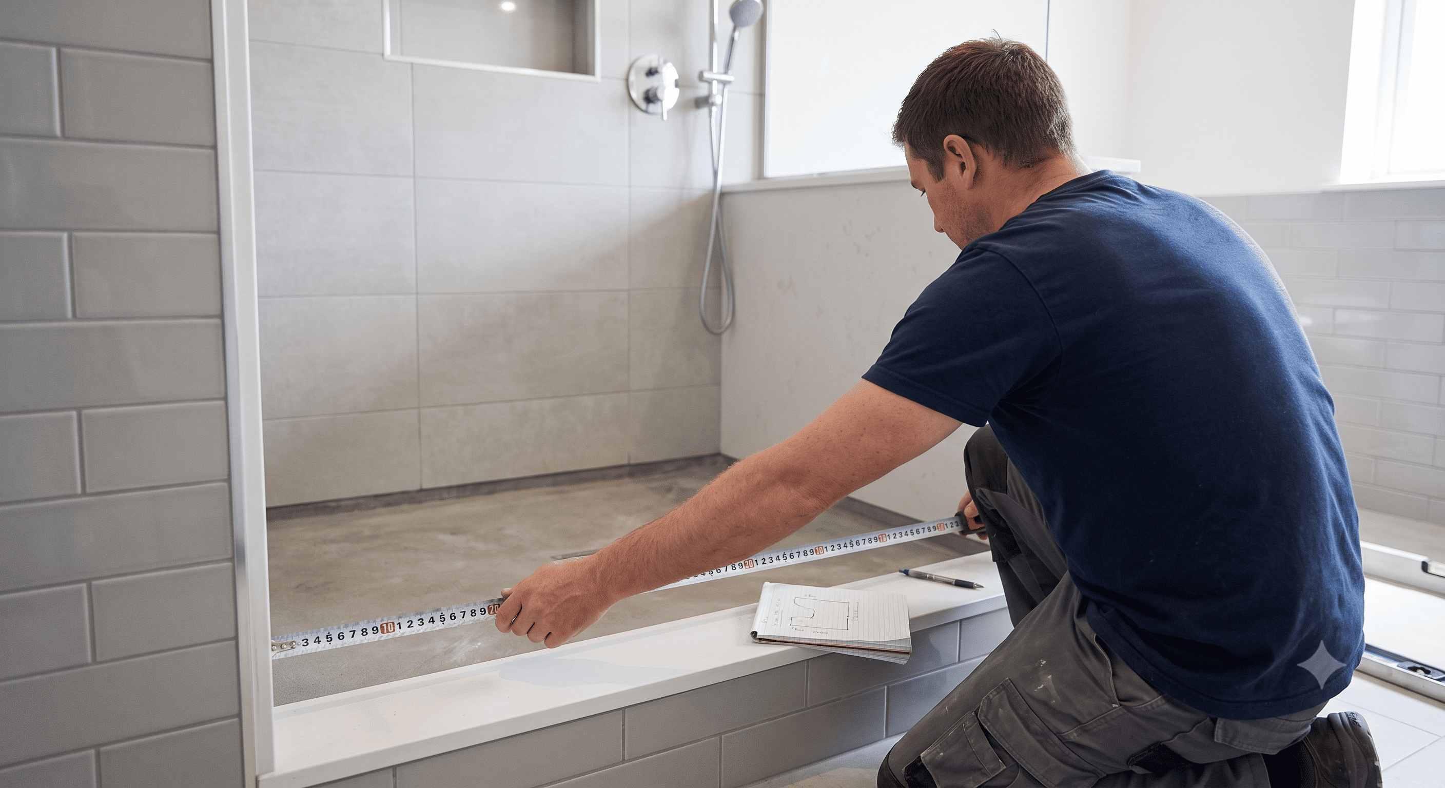 a man taking a measurement for the installation of shower door in Edmonton