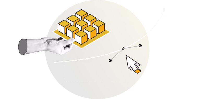 A graphic depicting a hand holding a tray of yellow and white boxes, with a curved line and a computer cursor nearby, set against a circular gradient background.