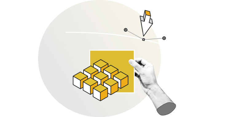 A graphic illustration showing a hand reaching towards a yellow square surrounded by geometric shapes, with a curved line and arrow indicating movement. The background features a gradient circle in shades of brown and gold.