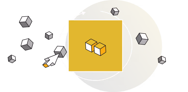 An illustration featuring a yellow square with two 3D cubes inside, surrounded by smaller floating gray and white cubes. A cursor icon points toward the yellow square, which is set against a gradient background.