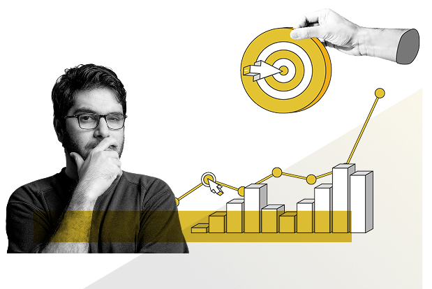 A thoughtful man with glasses, hand on chin, appears beside a graphic illustration of a bar chart and target symbol. The background features an abstract design with light bulbs and ascending lines, conveying a theme of strategy and growth.
