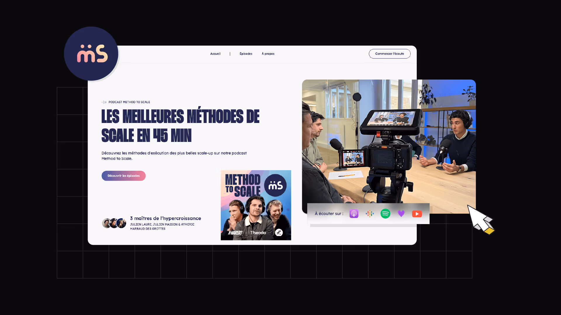 Page web du podcast Method to Scale avec titre "Les meilleures méthodes de scale en 45 min", photo d'enregistrement avec trois hommes autour d'un micro, et logos des plateformes d'écoute.