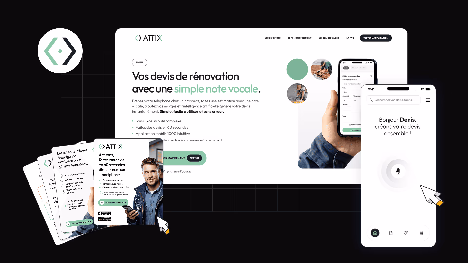 Présentation de l'application Attix montrant une estimation de devis par note vocale, avec interface mobile intuitive et message de bienvenue personnalisé pour Denis.