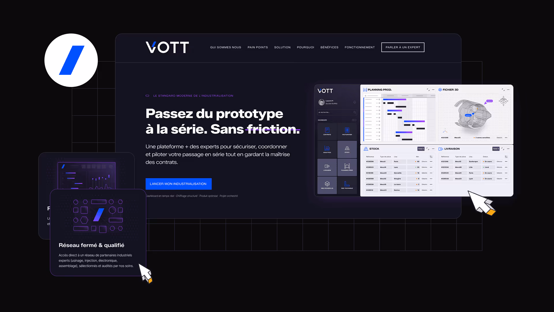 Page d'accueil VOTT présentant une plateforme pour industrialiser sans friction avec interface incluant planning, stock, livraison, et réseau de partenaires industriels qualifiés.