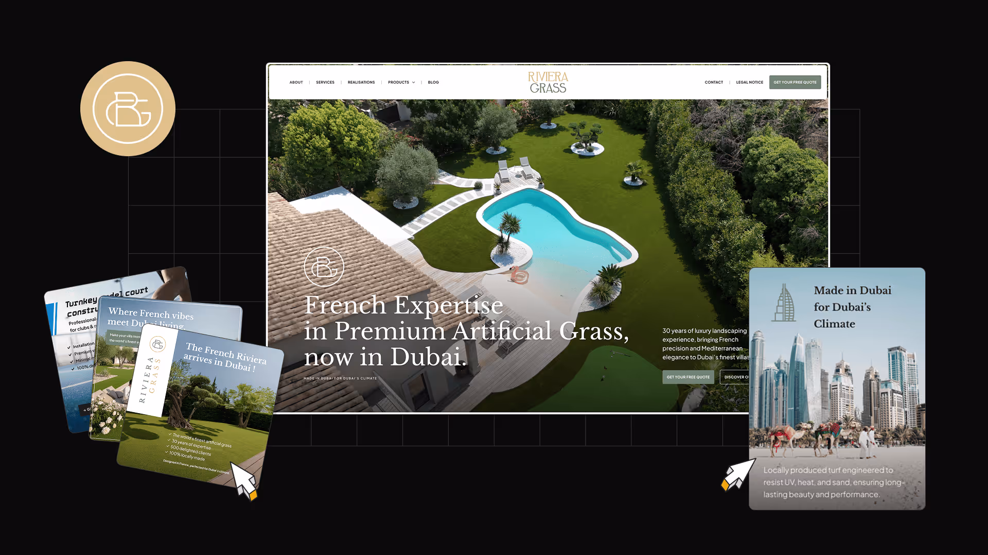 Page d'accueil de Riviera Grass montrant une vue aérienne d'une maison avec piscine et gazon artificiel de luxe, avec des cartes présentant l'expertise française et l'adaptation au climat de Dubaï.