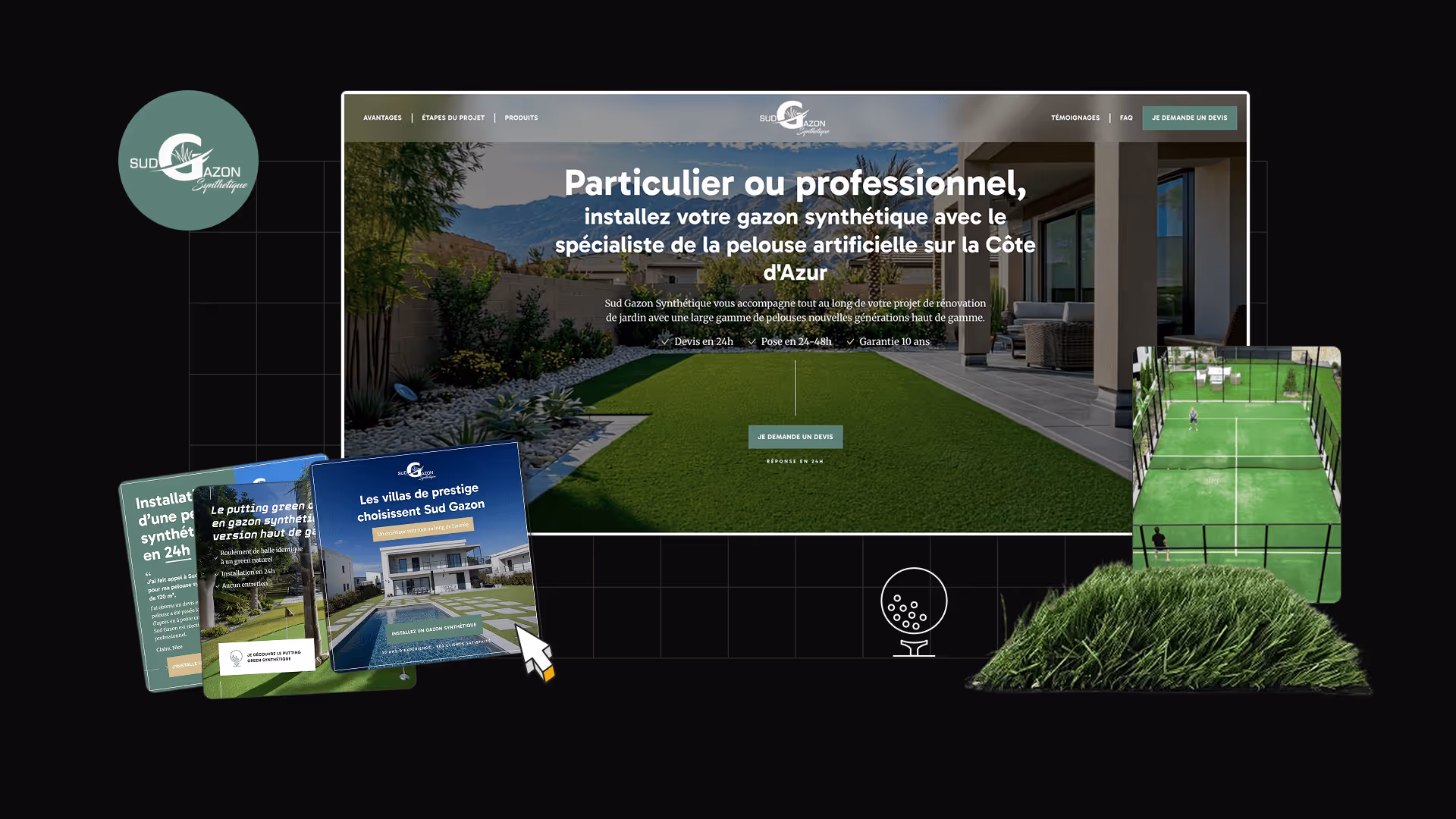Page d'accueil Sud Gazon présentant un jardin avec gazon synthétique, un logo, des cartes de projets, et un terrain de paddle en gazon artificiel.