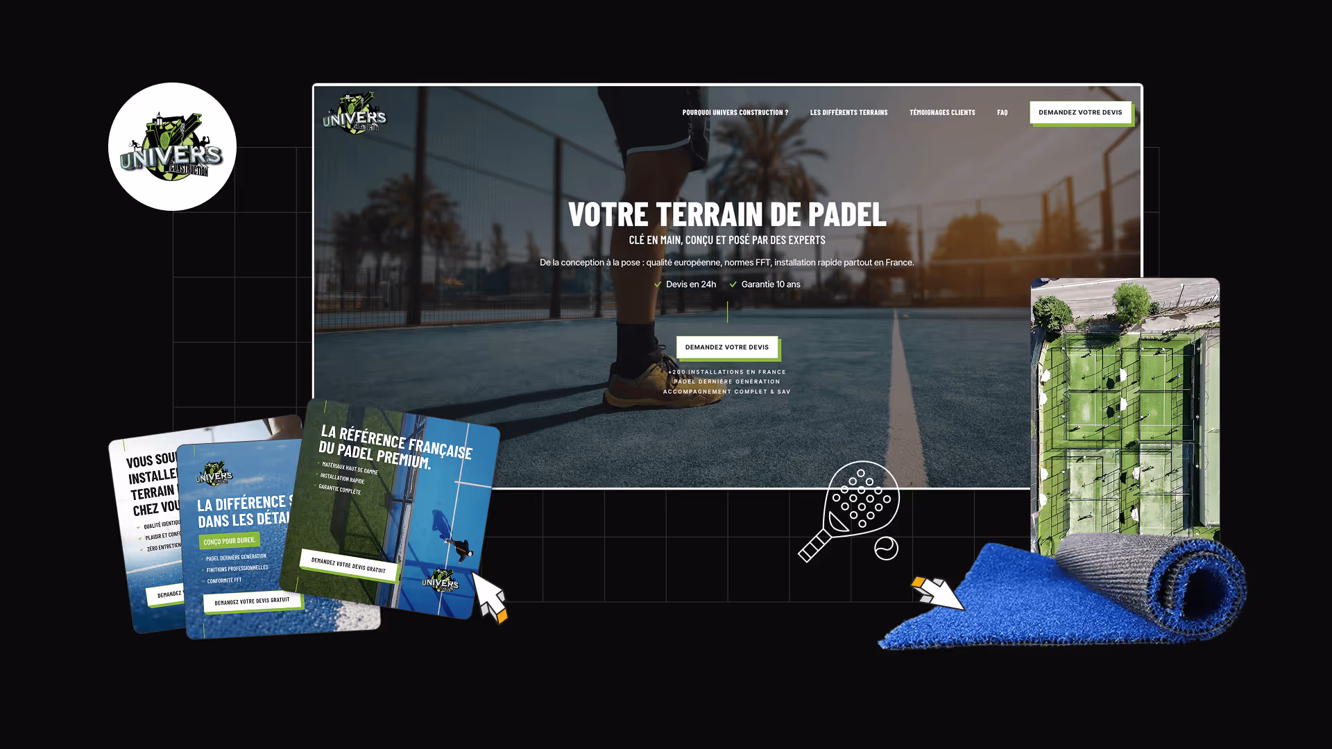 Capture d'écran du site Univers Construction montrant un terrain de padel avec options pour demander un devis, images des surfaces de padel et vue aérienne des terrains.
