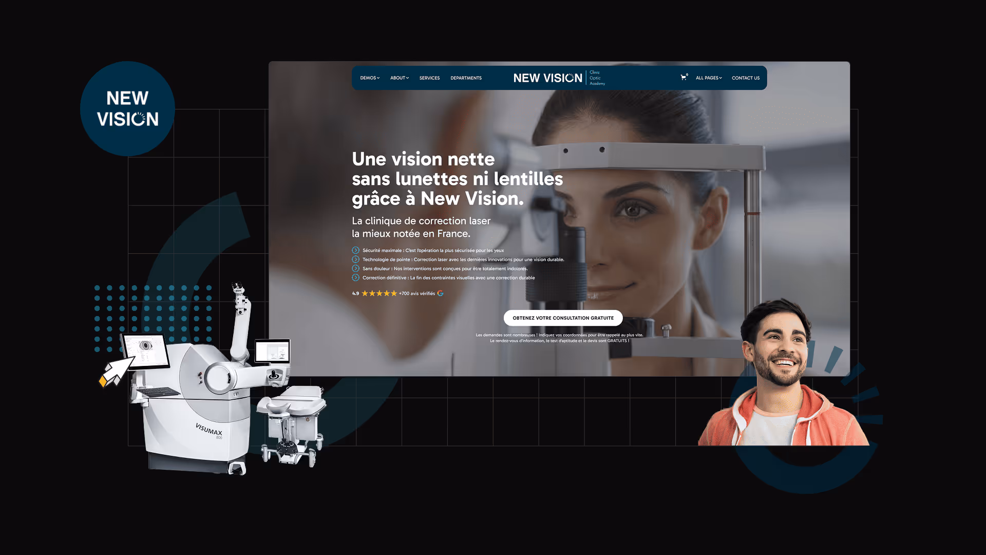 Page d'accueil de New Vision montrant une femme lors d'un examen de vue, un appareil laser Visumax 800, et un homme souriant.