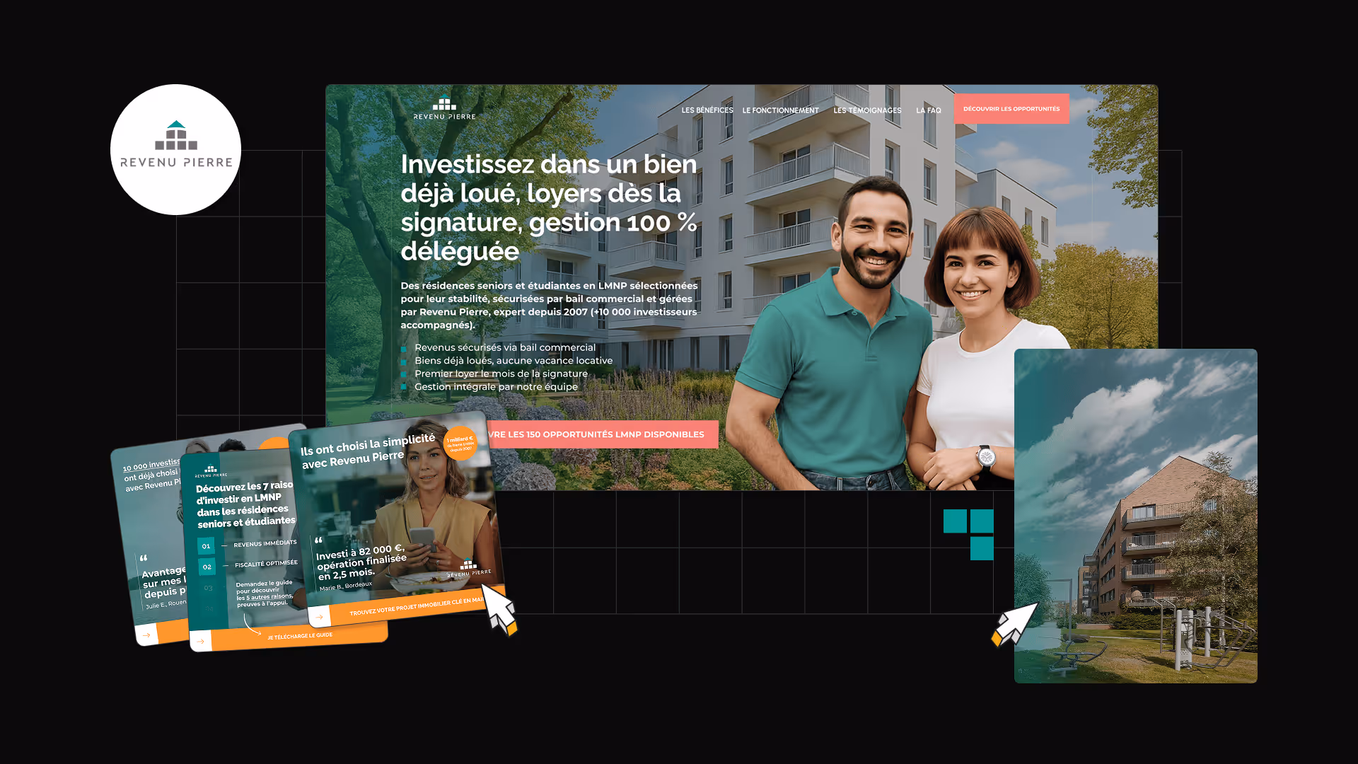 Page d'accueil de Revenu Pierre avec un couple souriant devant un immeuble résidentiel et des cartes présentant des informations sur l'investissement en LMNP.