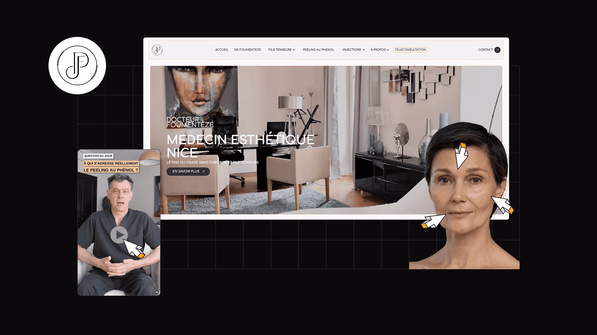 Capture d'écran d'un site web de médecine esthétique avec un bureau moderne, un homme en tenue médicale prêt à jouer une vidéo, et une femme avec des flèches indiquant son visage pour un lifting sans chirurgie.