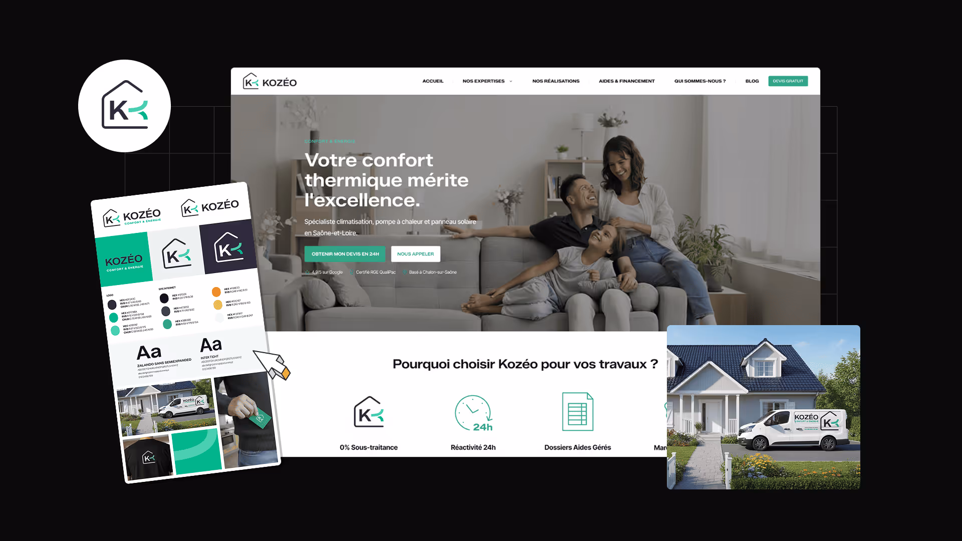 Page d'accueil du site Kozeo avec une famille souriante sur un canapé, logos et couleurs de la marque, et un utilitaire Kozeo garé devant une maison.