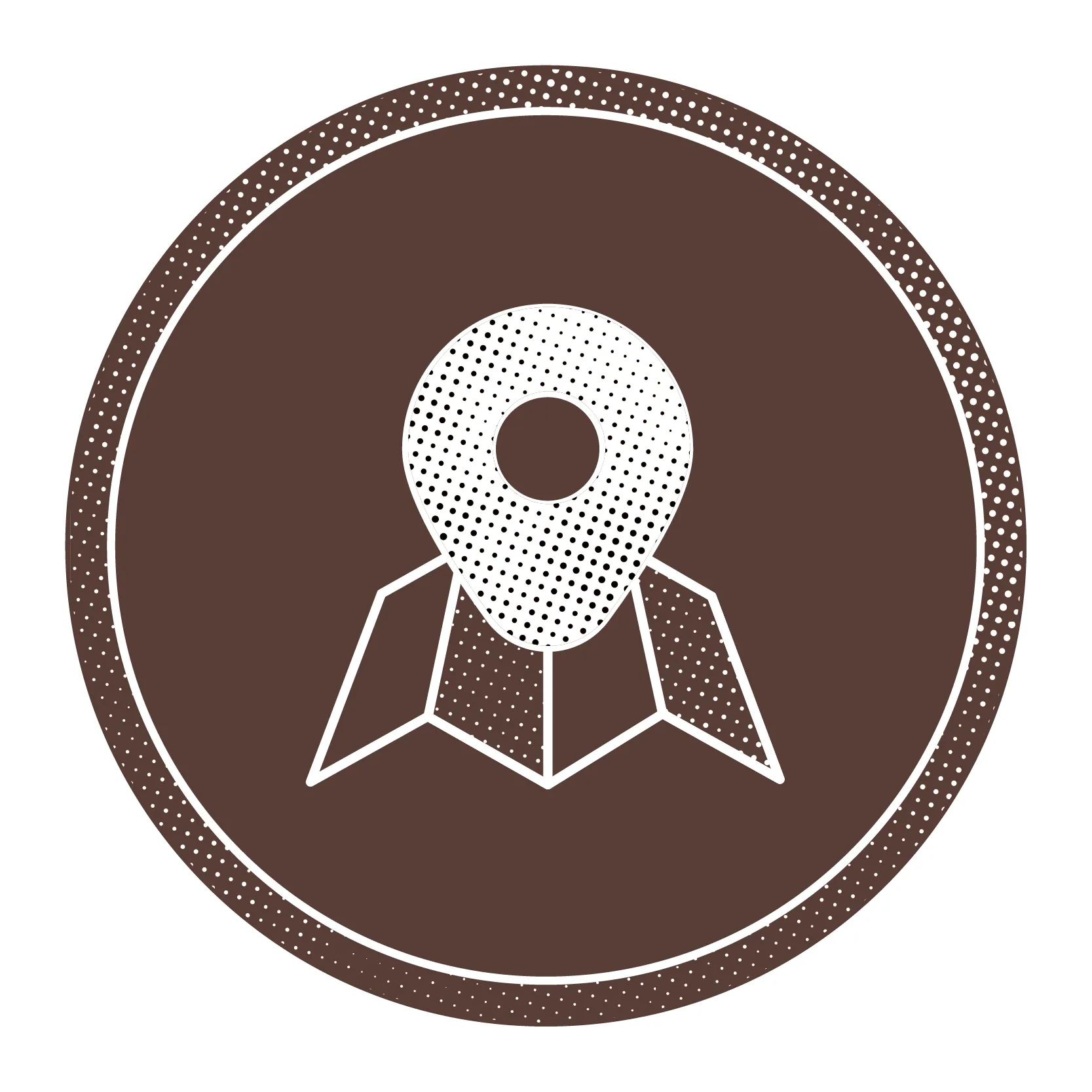 Karten-Symbol mit Standortmarkierung in einem braunen Kreis.