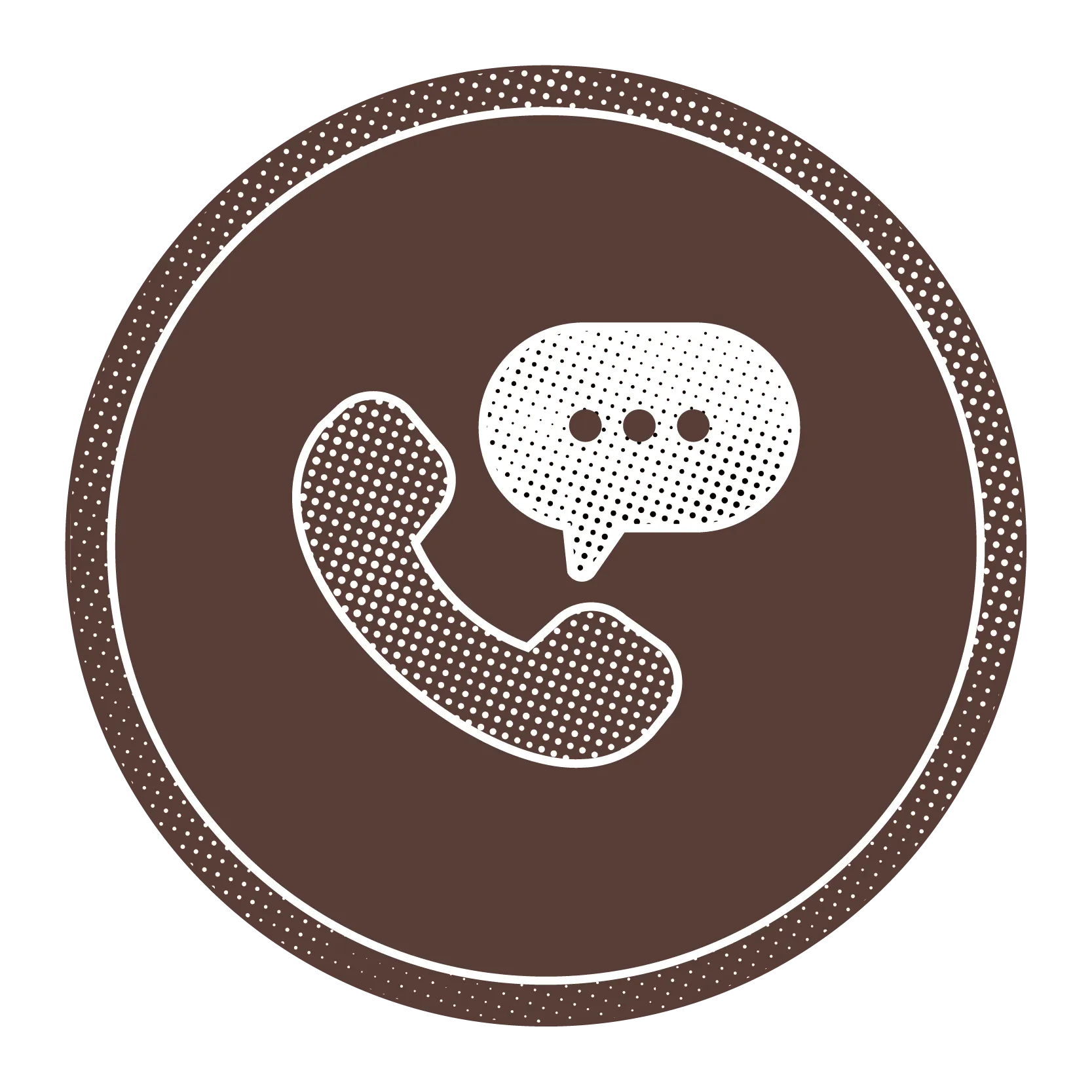 Symbol eines Telefonteléfonhörers mit einer Sprechblase, in einem braunen Kreis.