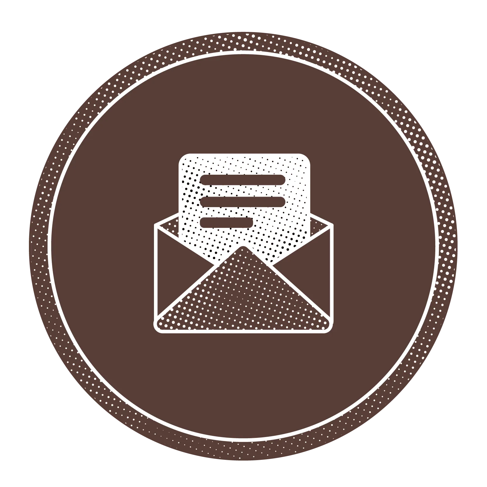 Symbol eines geöffneten Umschlags mit einem herausragenden Brief in einem braunen, gepunkteten Kreis.