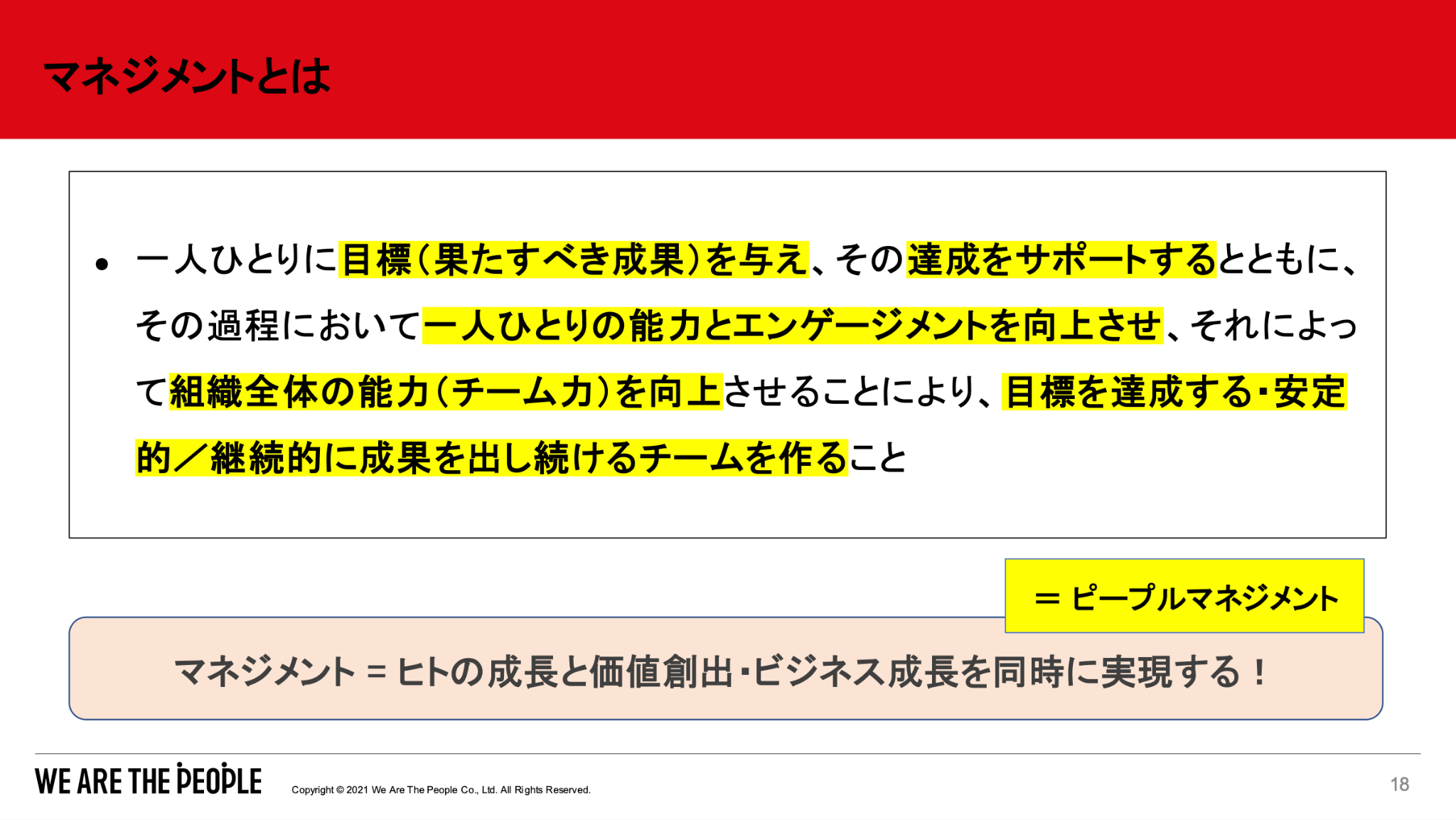 マネジメントの定義図。メンバー一人ひとりに目標を与えて達成をサポートし、組織全体の能力を向上させて成果を出し続けるチームを作る「ピープルマネジメント」の要諦をまとめたもの。