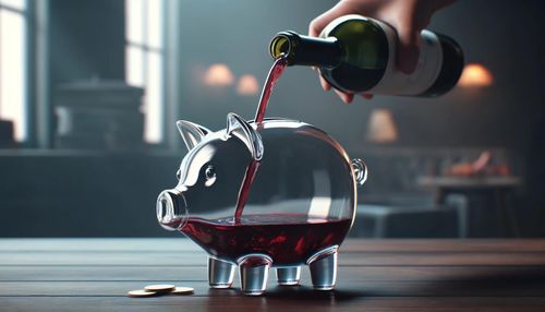 Foto eines Glas-Sparschweins in welches Rotwein eingeschenkt wird