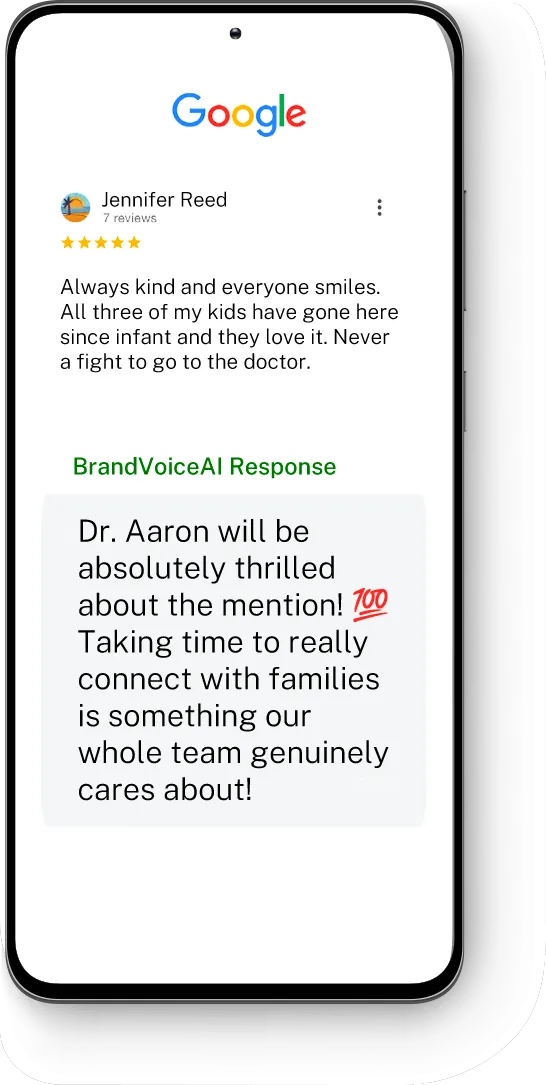 Smartphone screen showing a Google review and an AI-generated BrandVoiceAI response, illustrating personalized and HIPAA-compliant reply automation