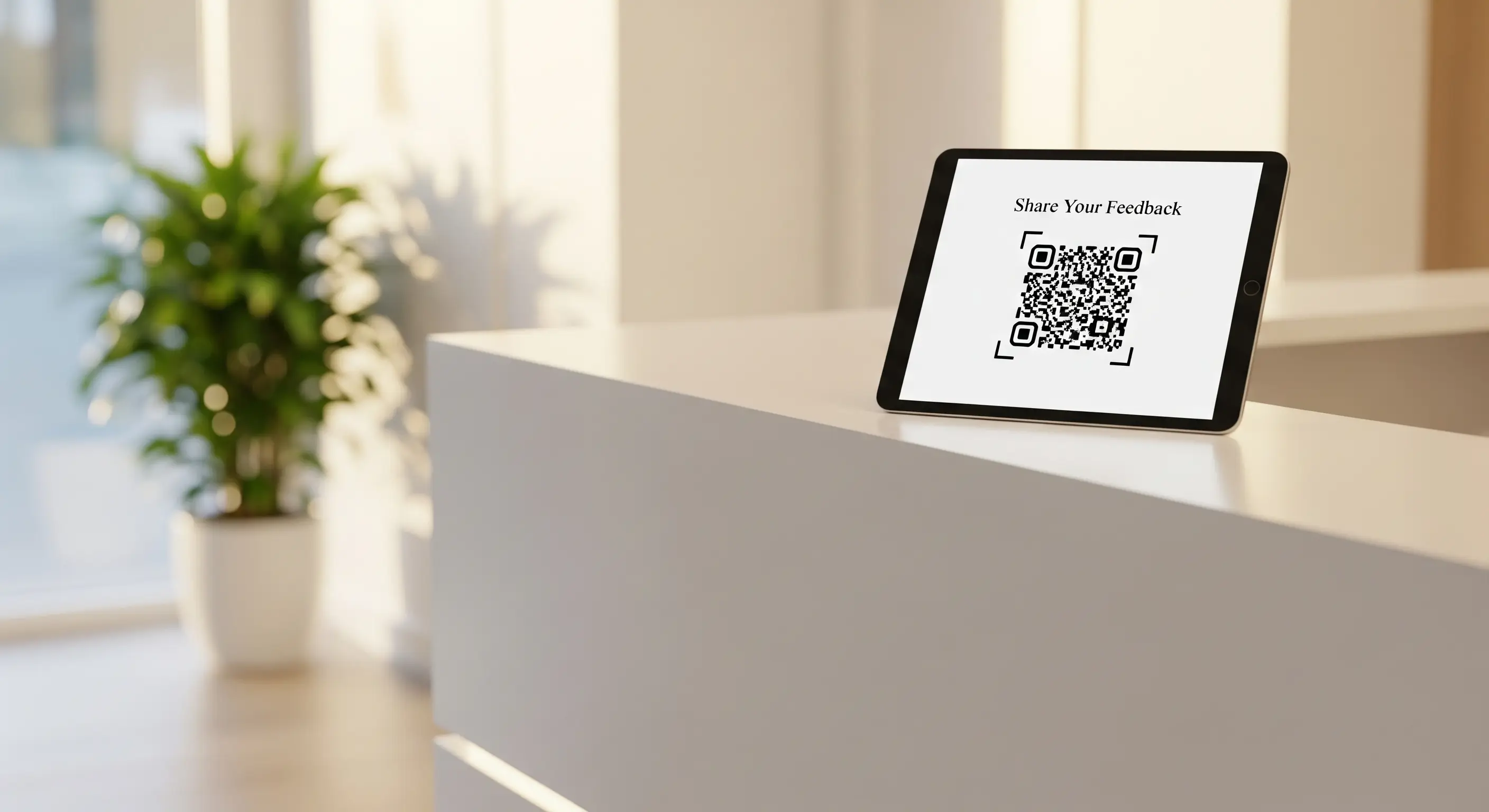 QR code feedback sign displayed on a counter encouraging patients to share reviews