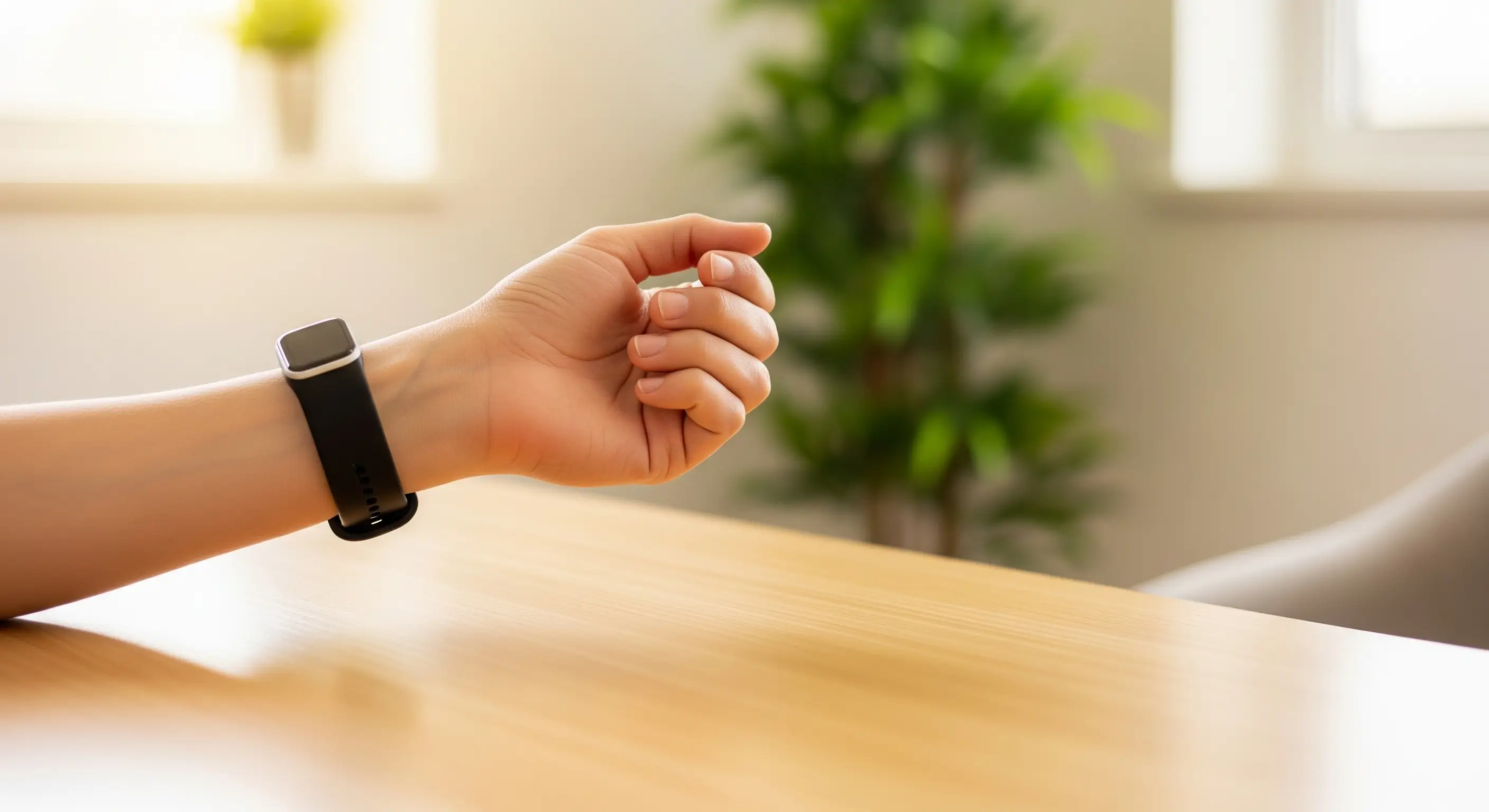 Person wearing an NFC wristband used to launch a patient feedback survey with one tap