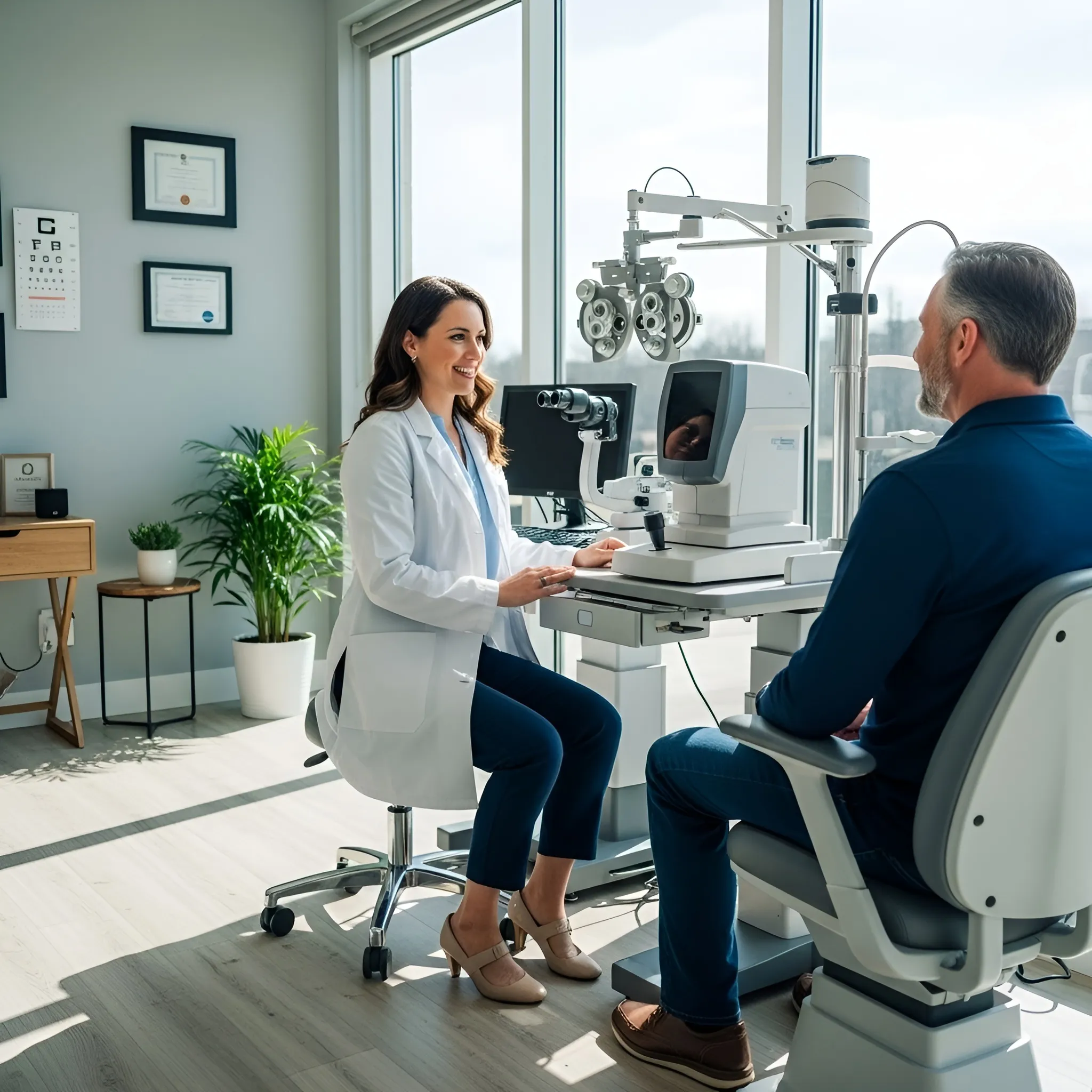 Optometrist smiling and speaking with a patient during an eye exam, symbolizing ongoing trust and communication through consistent review engagement