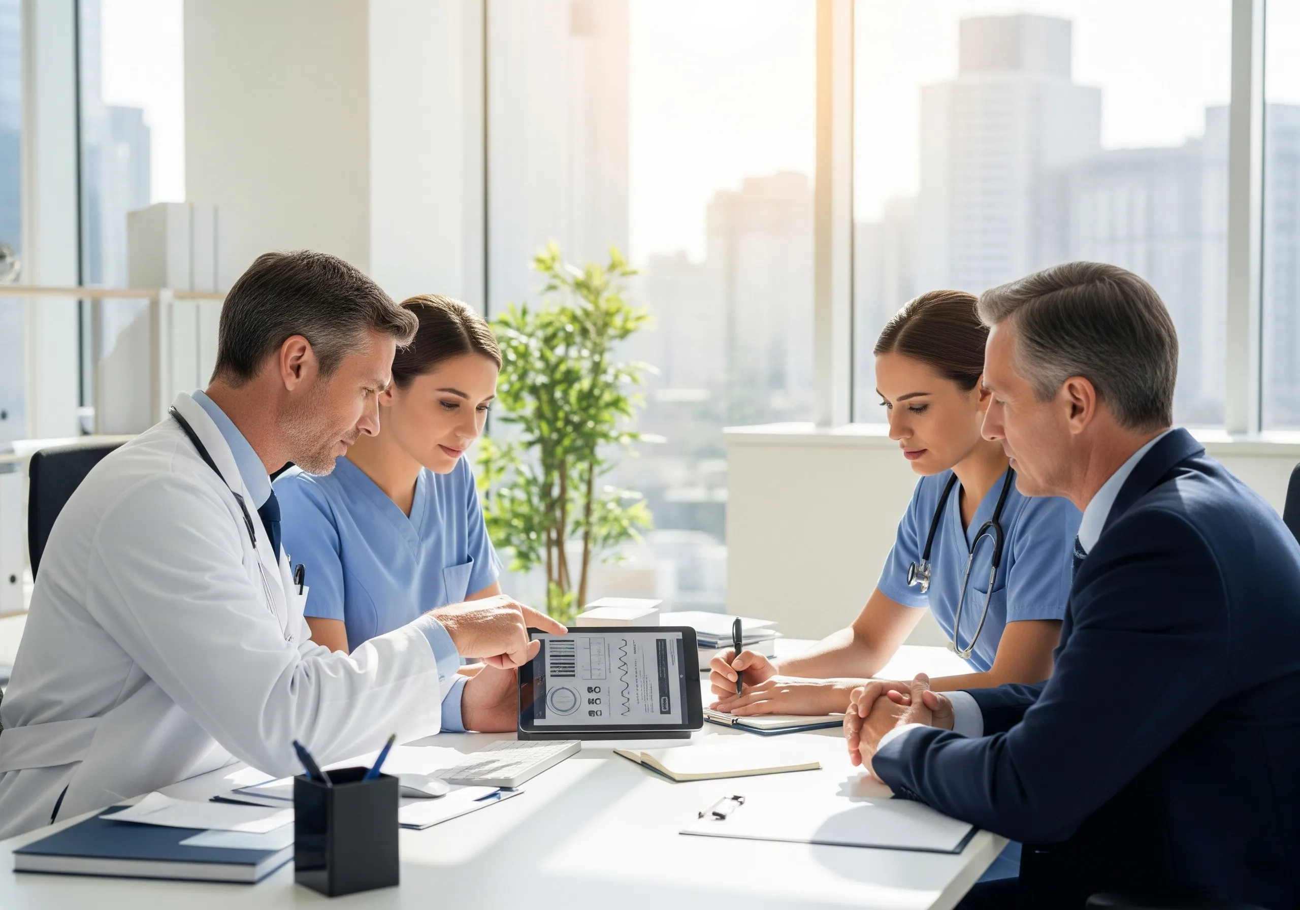 Medical team reviewing patient data together, representing precision and teamwork in healthcare delivery