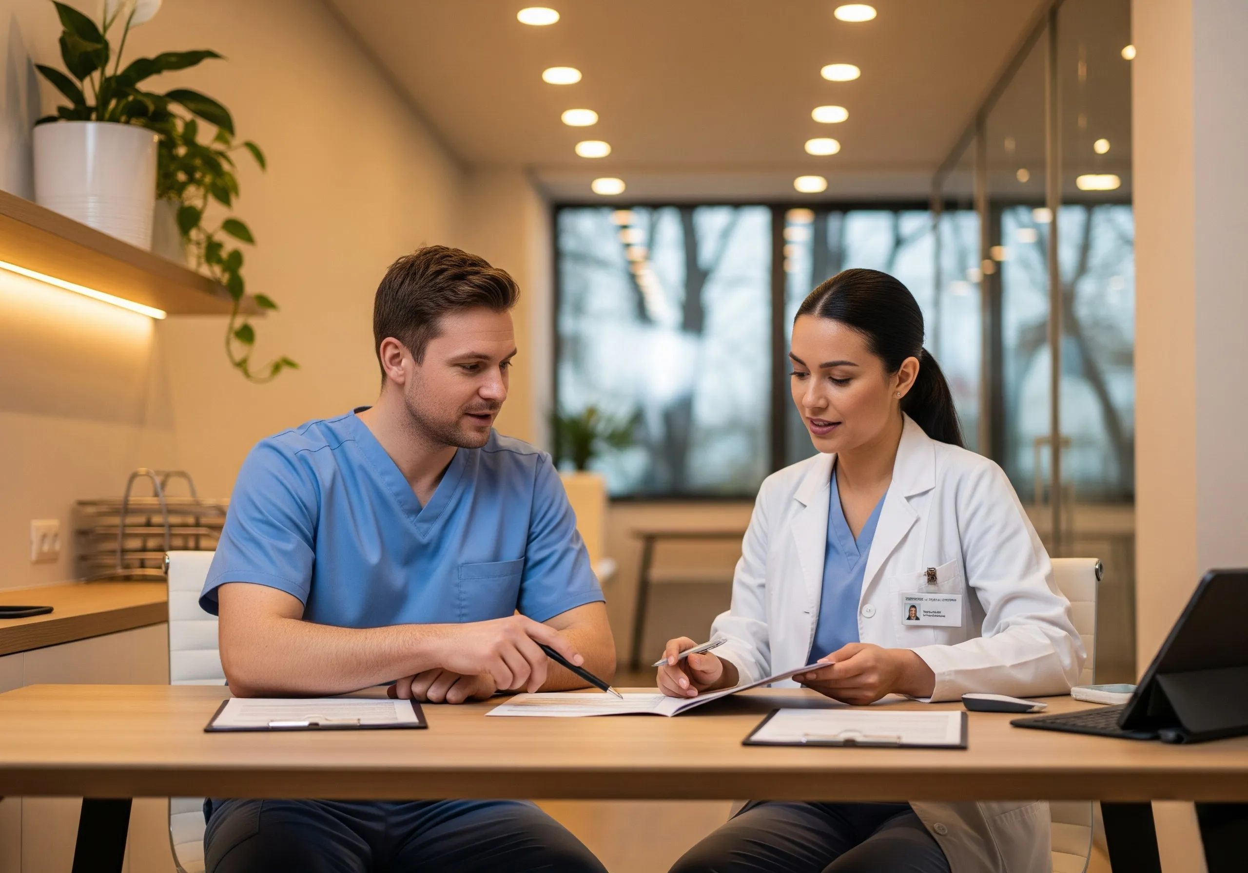 Two clinicians in discussion, symbolizing integrity, respect, and transparency in healthcare practices