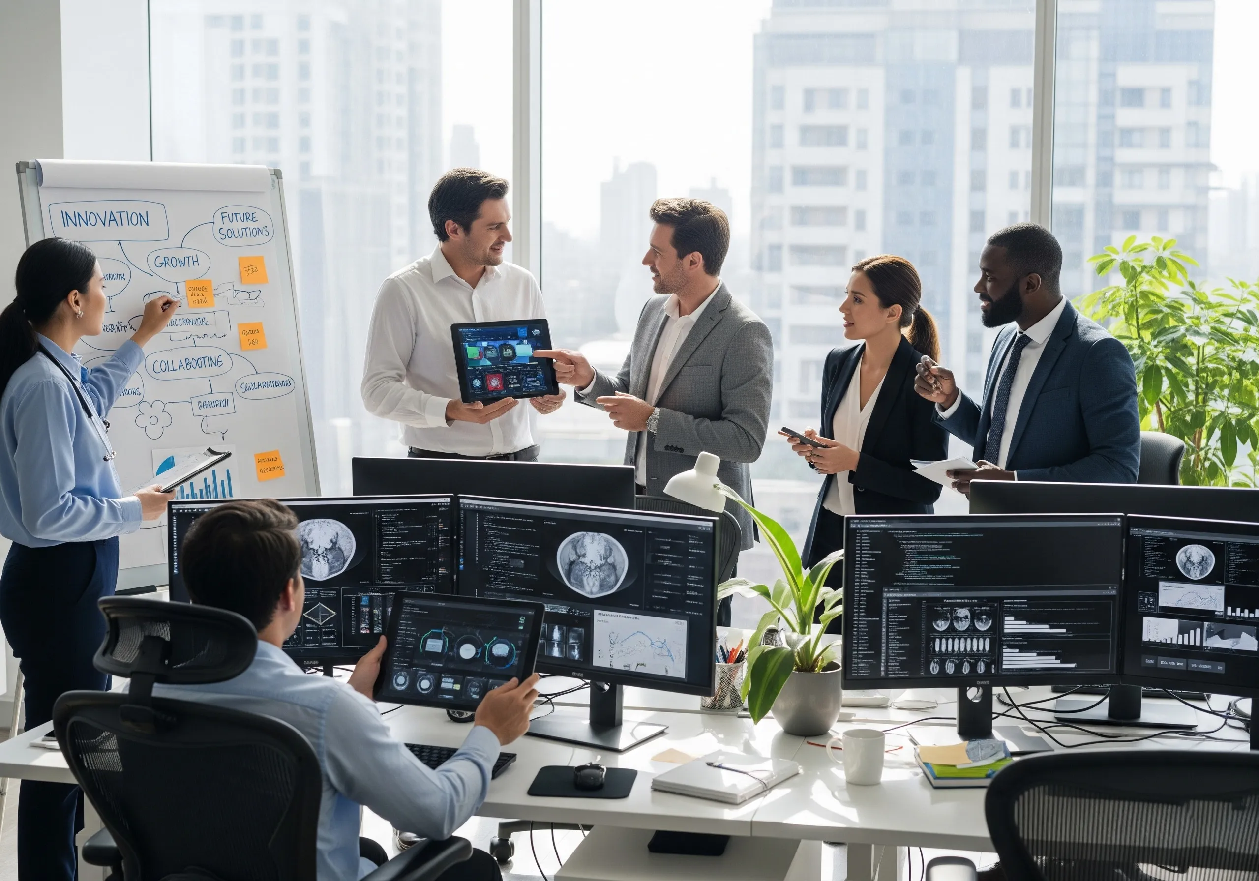 Team of professionals collaborating in a modern office, sharing ideas on digital innovation and growth strategies