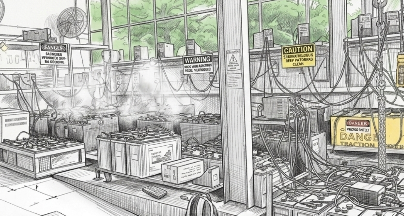 Lead acid battery charging room showing multiple safety hazards including high voltage warnings, acid spill risks, and hydrogen gas dangers