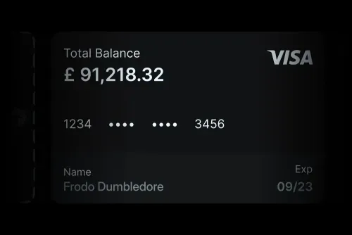 Digital Visa card showing a total balance of £91,218.32, partially masked card number ending in 3456, cardholder name Frodo Dumbledore, and expiration date 09/23.